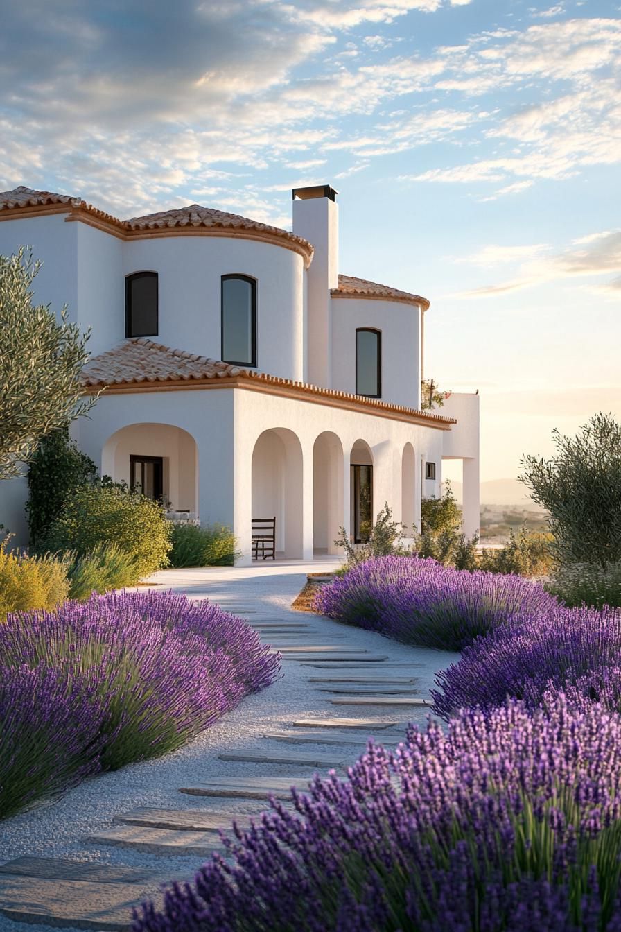 modern spanish villa landscape with lavenders