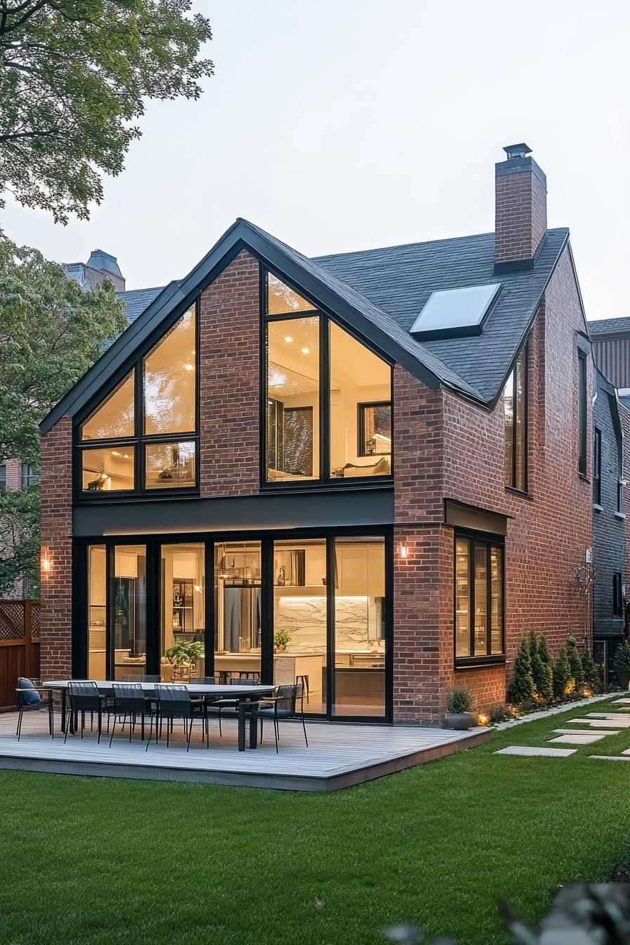 suburban brick house with multi pitch roof and large modern windows and patio 2