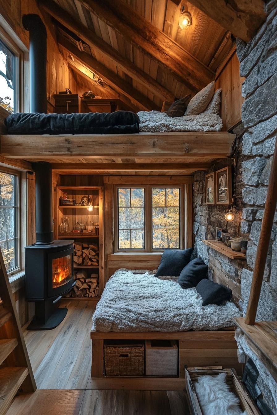 Tiny Mountain Home With a Compact Cozy Stone Fireplace 3