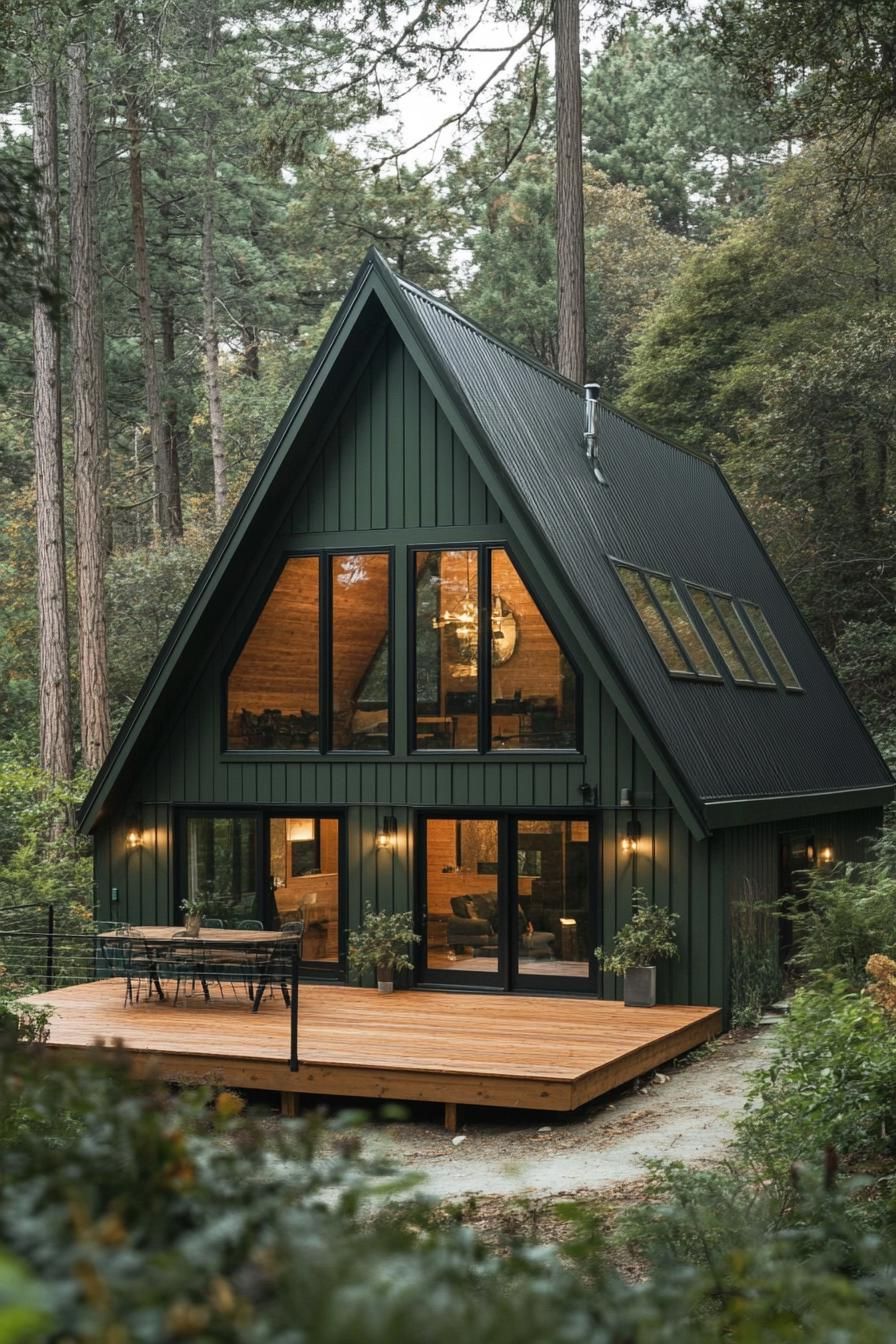 modern a frame cabin in deep dark green board and batten siding black roof natural wood front deck full wall glass windows and doors forest 2