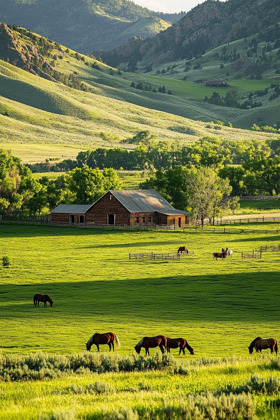 revived 1850s ranch with green fields and horses in foreground 2