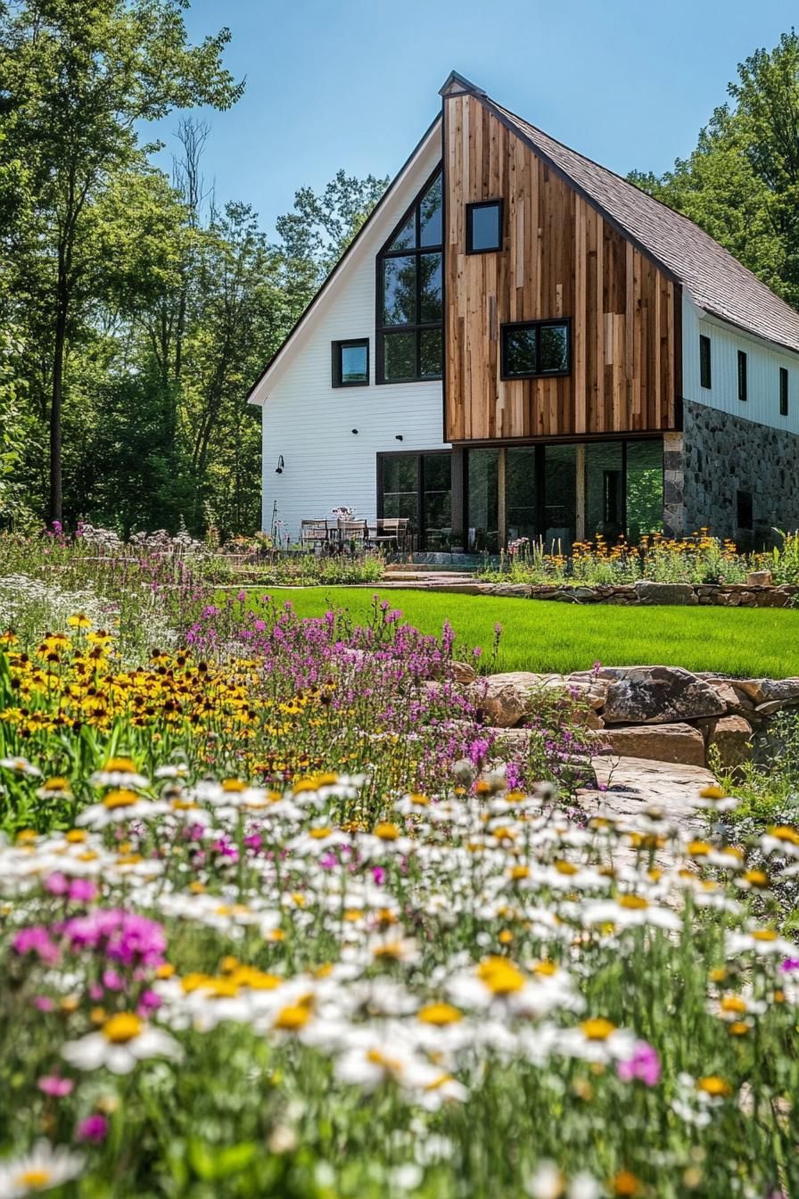 modern forest house barn style facade with wildflower garden