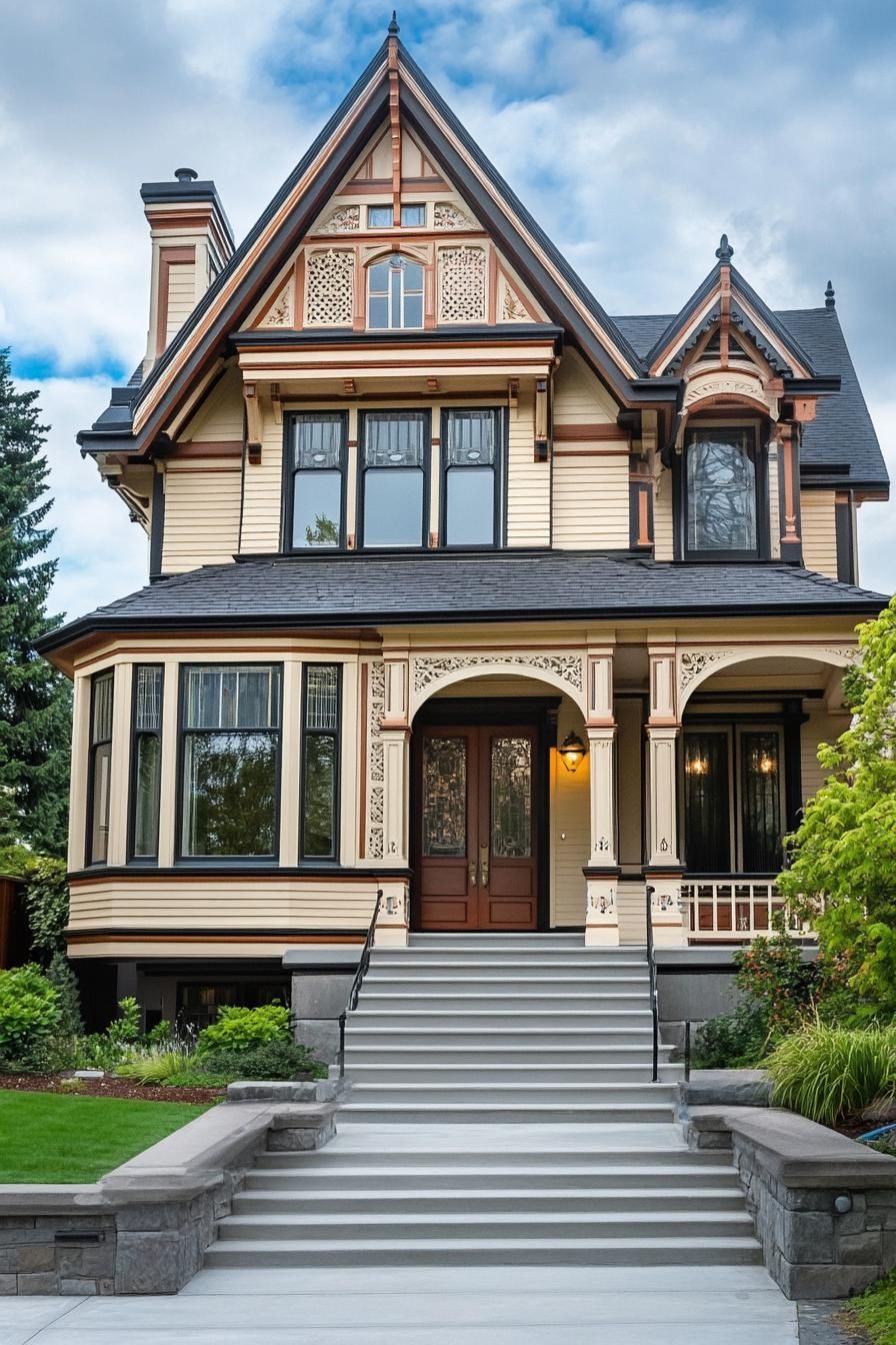 mid century modern and antique style house facade with Victorian style trim