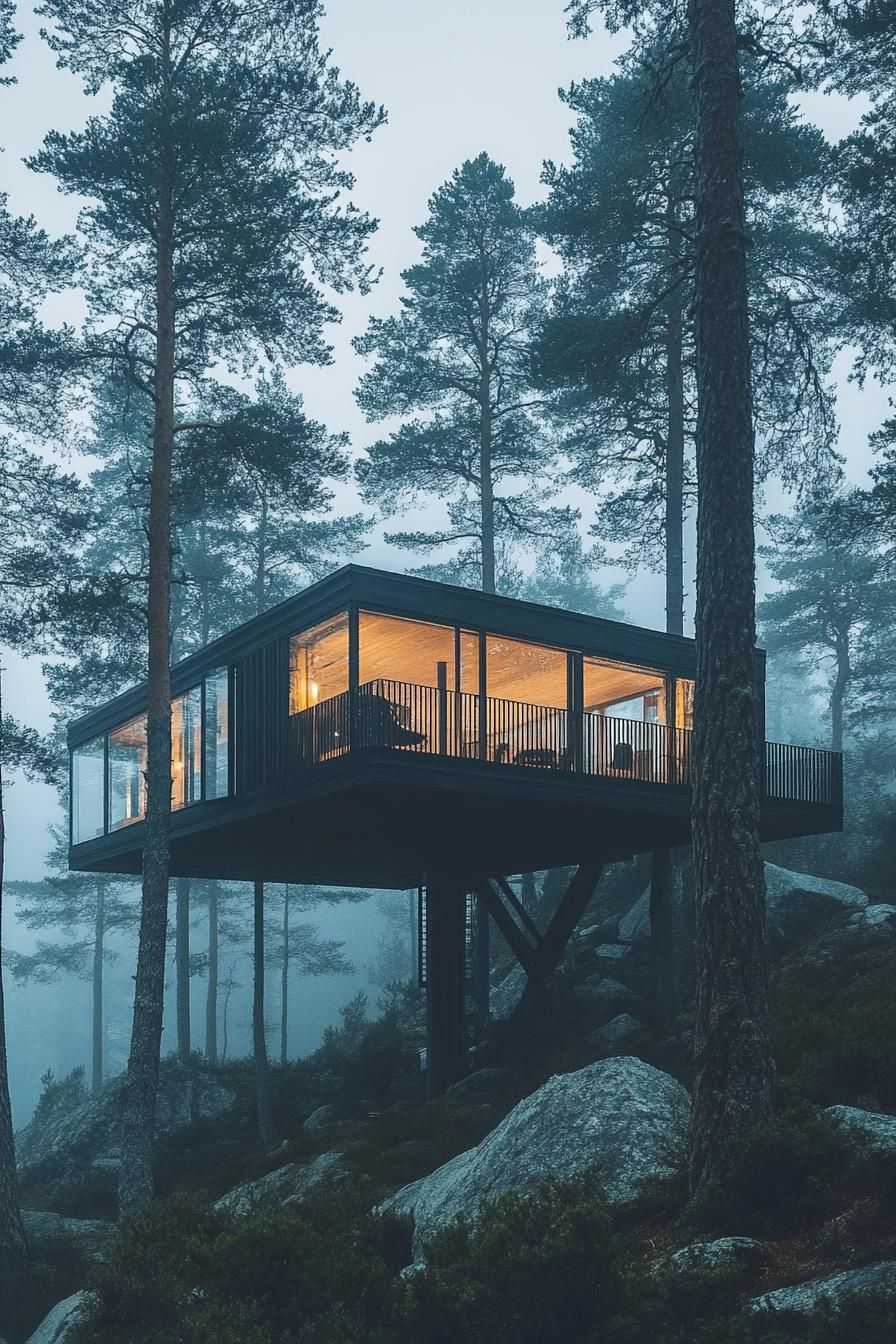 elevated luxury dream house surrounded by high pine trees in a misty Scandinavian forest 2