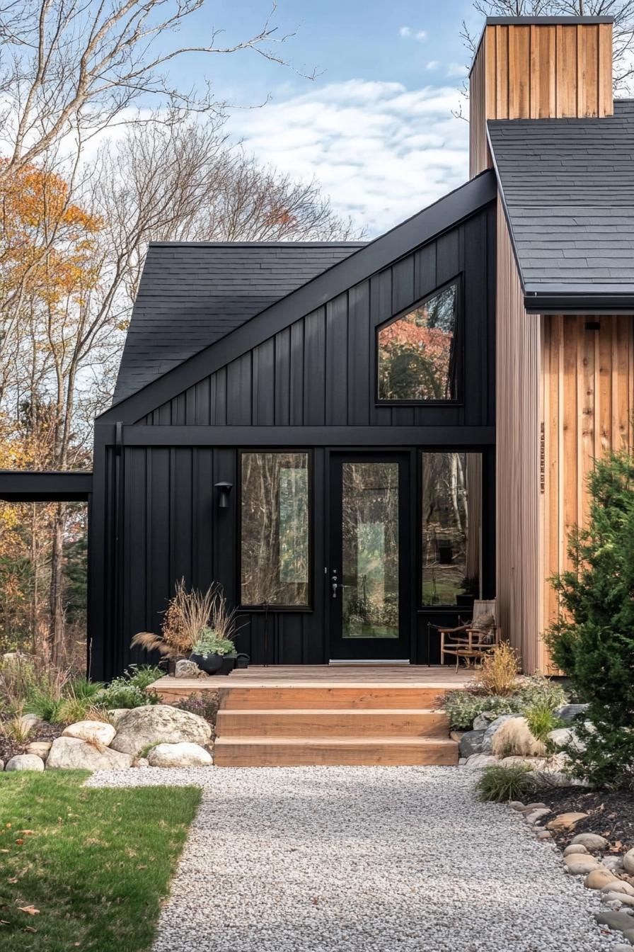 modern prefab small house facade with charcoal black shiplap siding cedar accents saltbox roof gravel patio steps to the frontdoor with gambrel 2