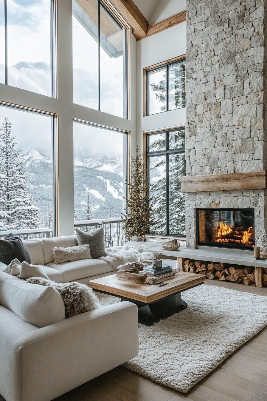 Modern Cottage style Mountain House With a Corner Stone Fireplace stunning winter mountain views