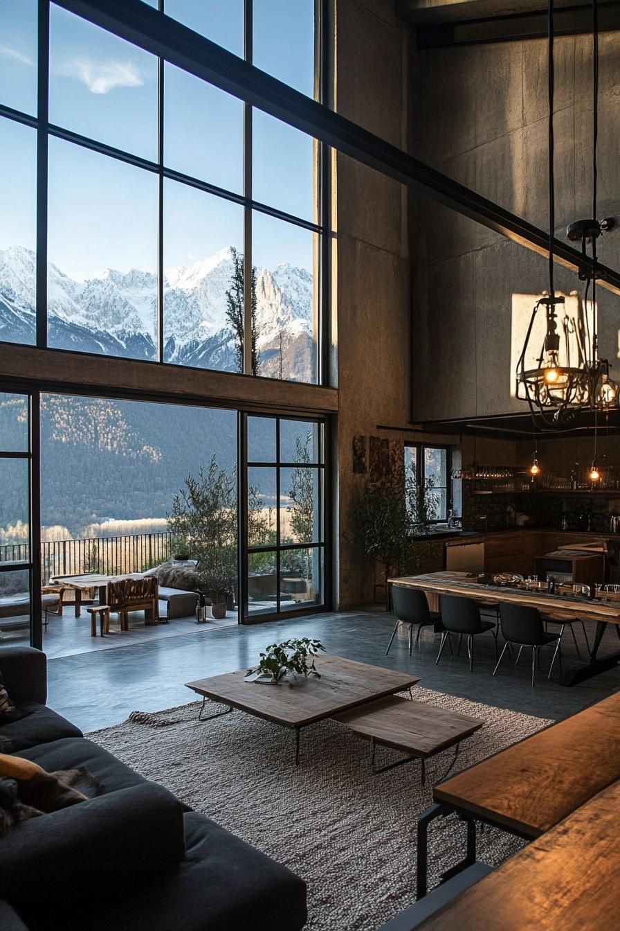 modern industrial open plan loft with large windows overlooking stunning mountains 3