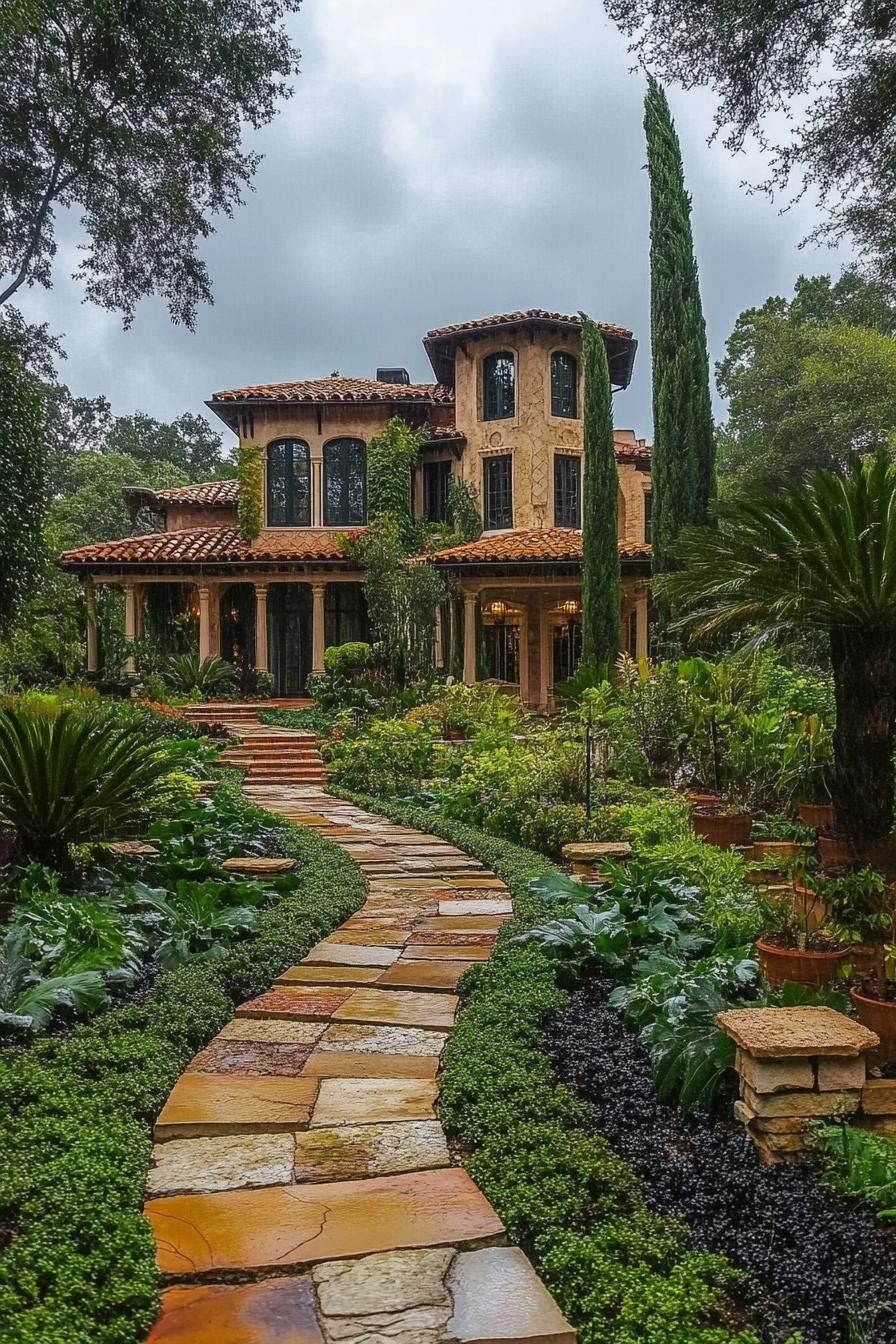 mediterranean revival architecture home garden with stone and terracotta pathway 3