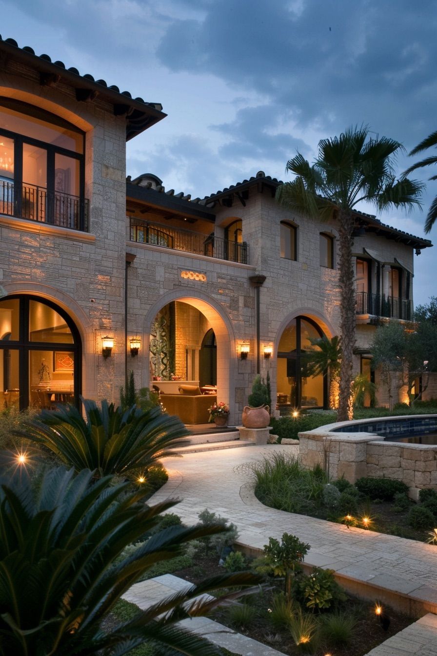 mediterranean house front yard with arched doorways