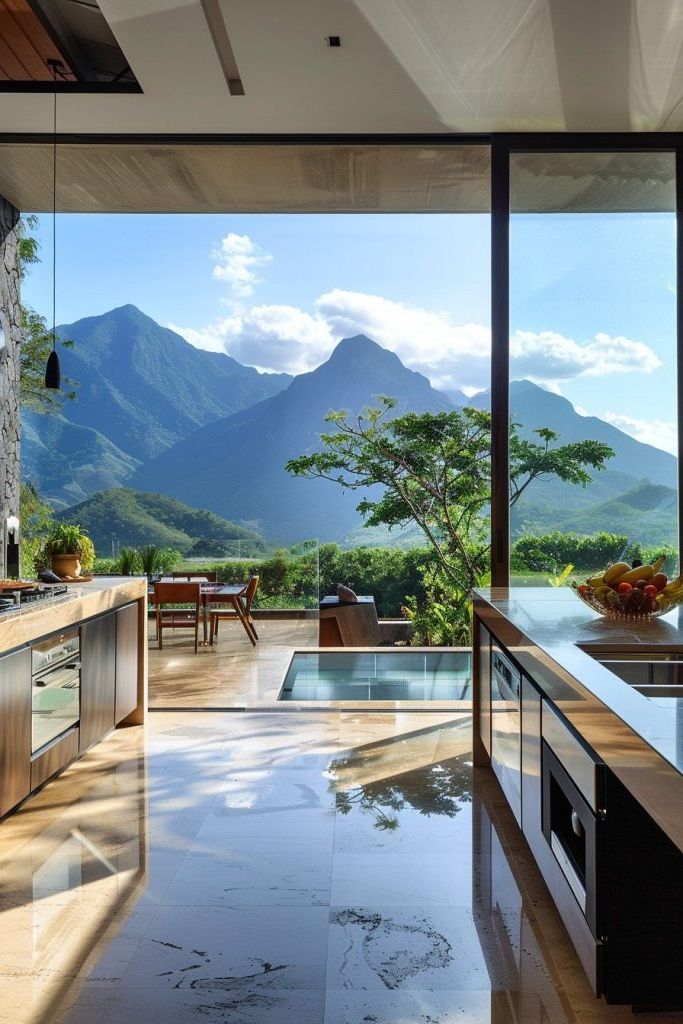 mountain kitchen extending to terrace