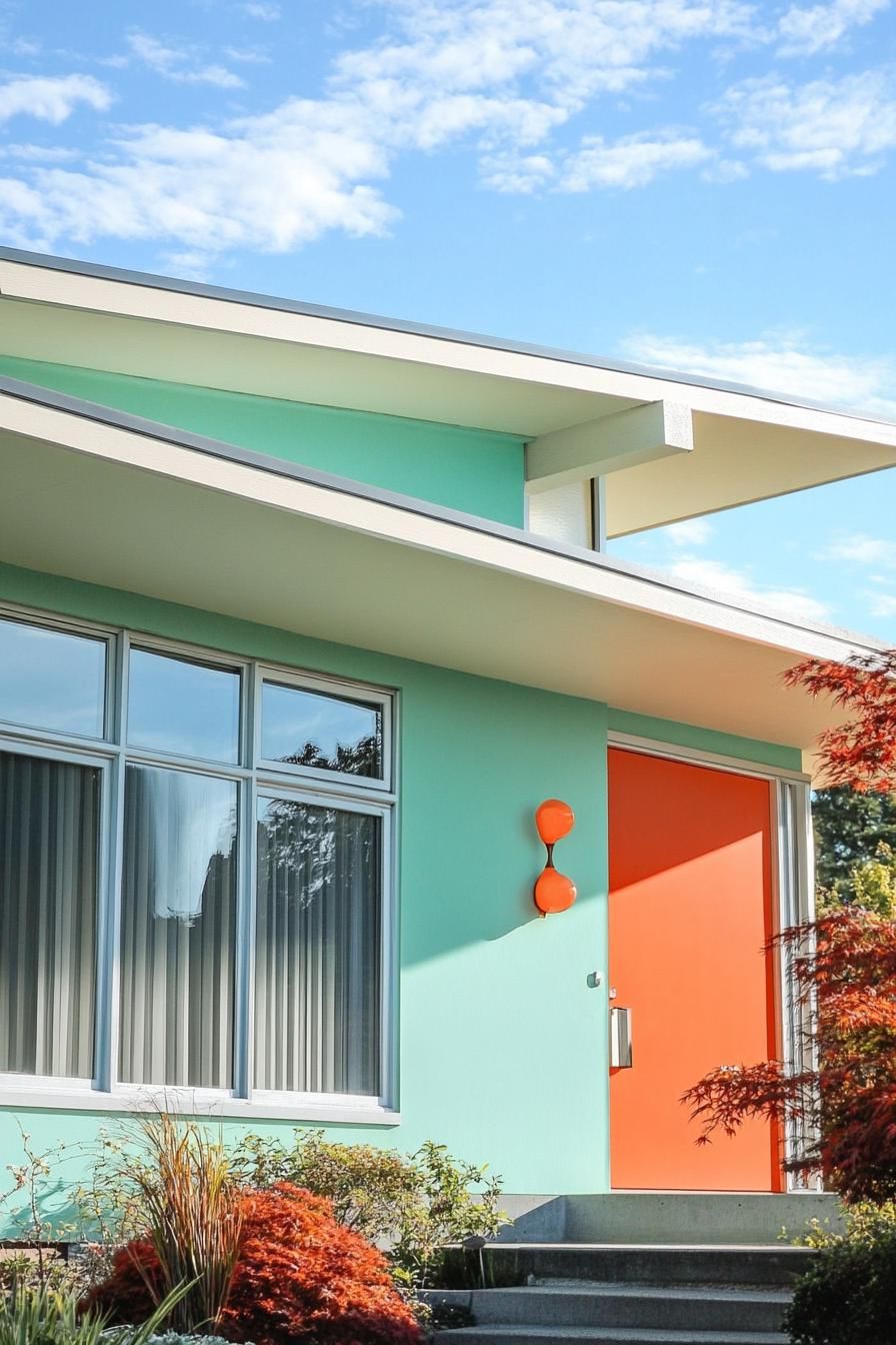 mid century modern house facade in soft mint green and vibrant orange highlights 2