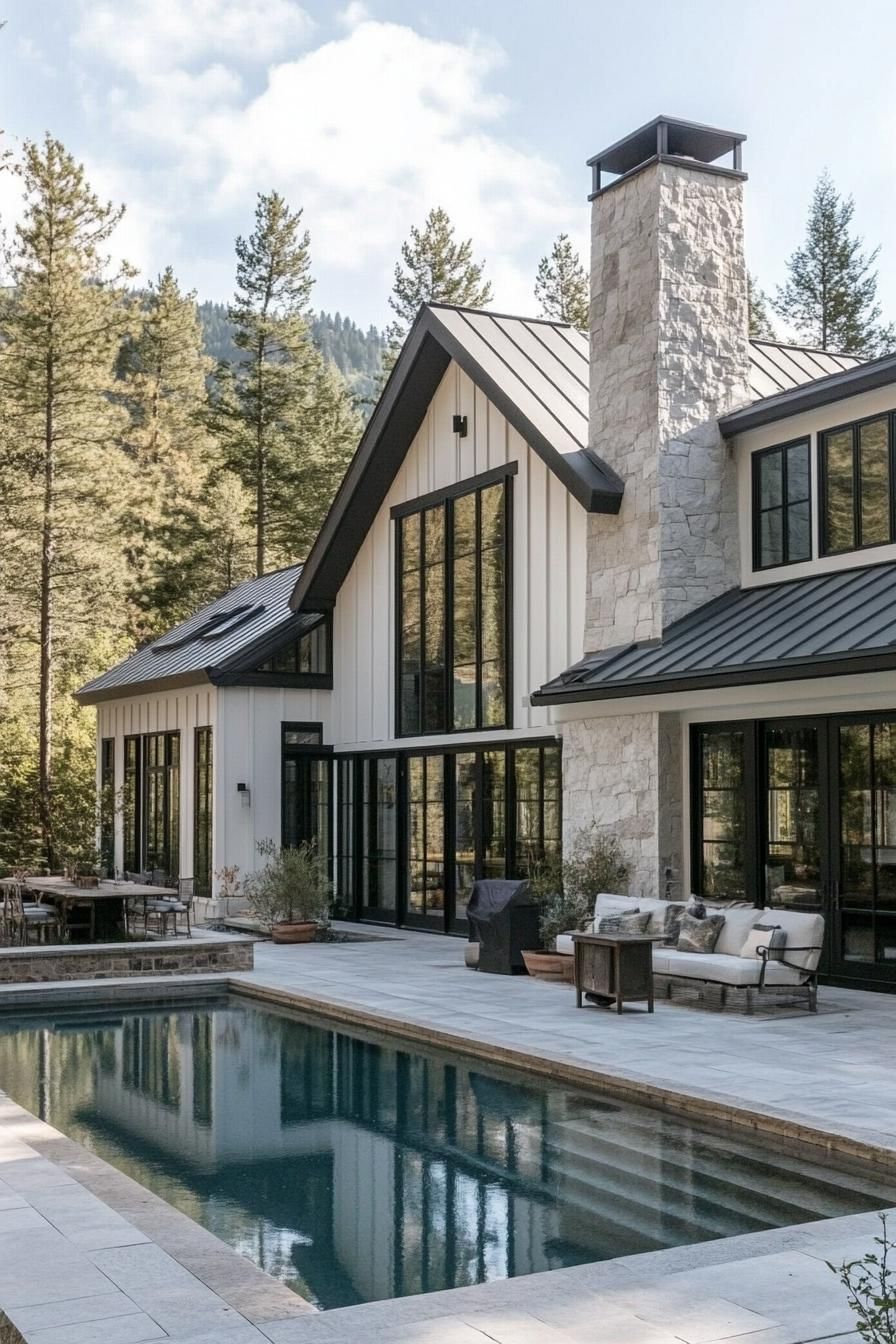 farmhouse style mountain house with white board and batten siding black trimmed glass windows and large doors stone chimney courtyard with small