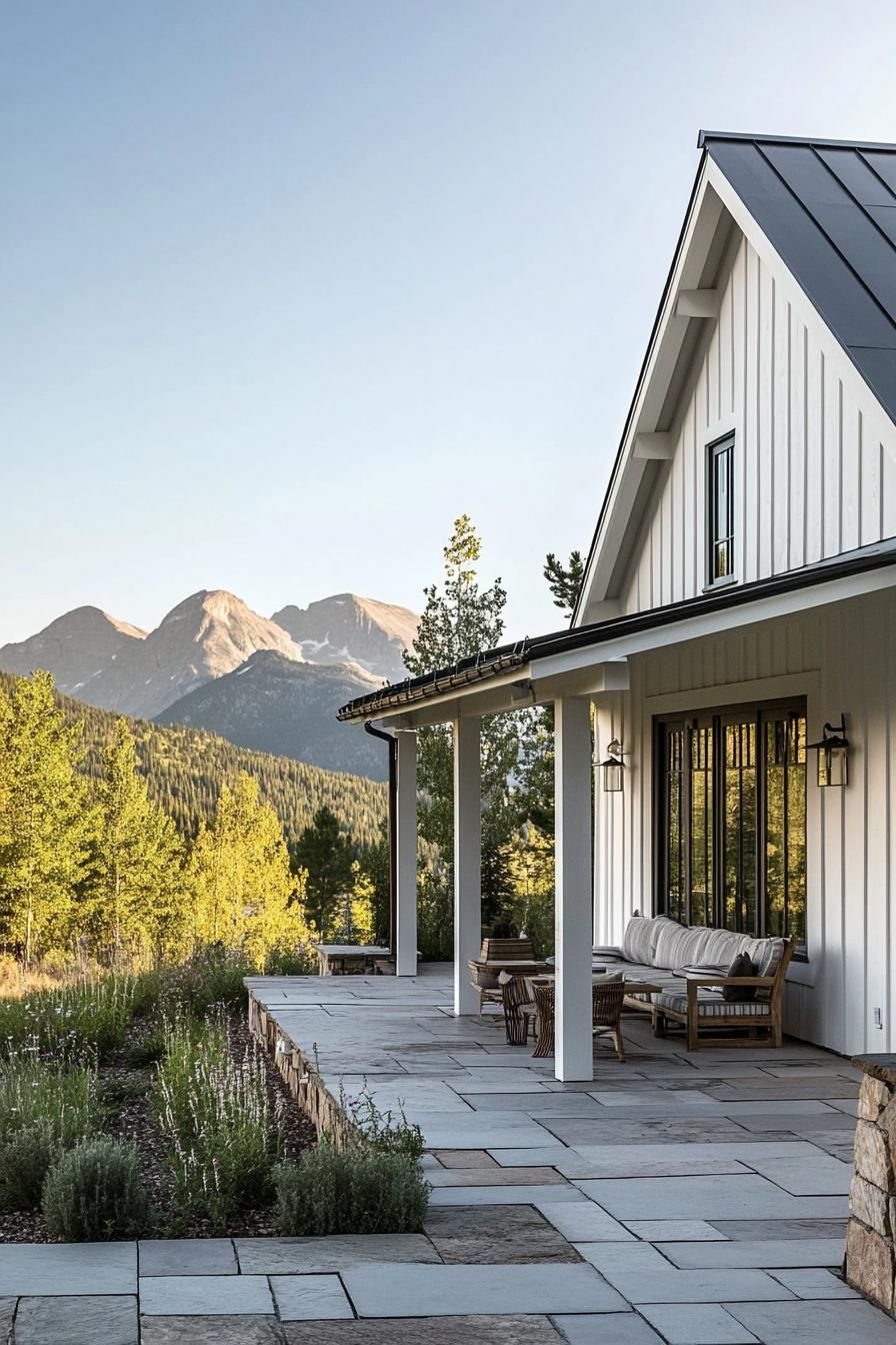 modern cottage style mountain house with white board and batten facade large open air porch with stone tile floor native landscaping stunning