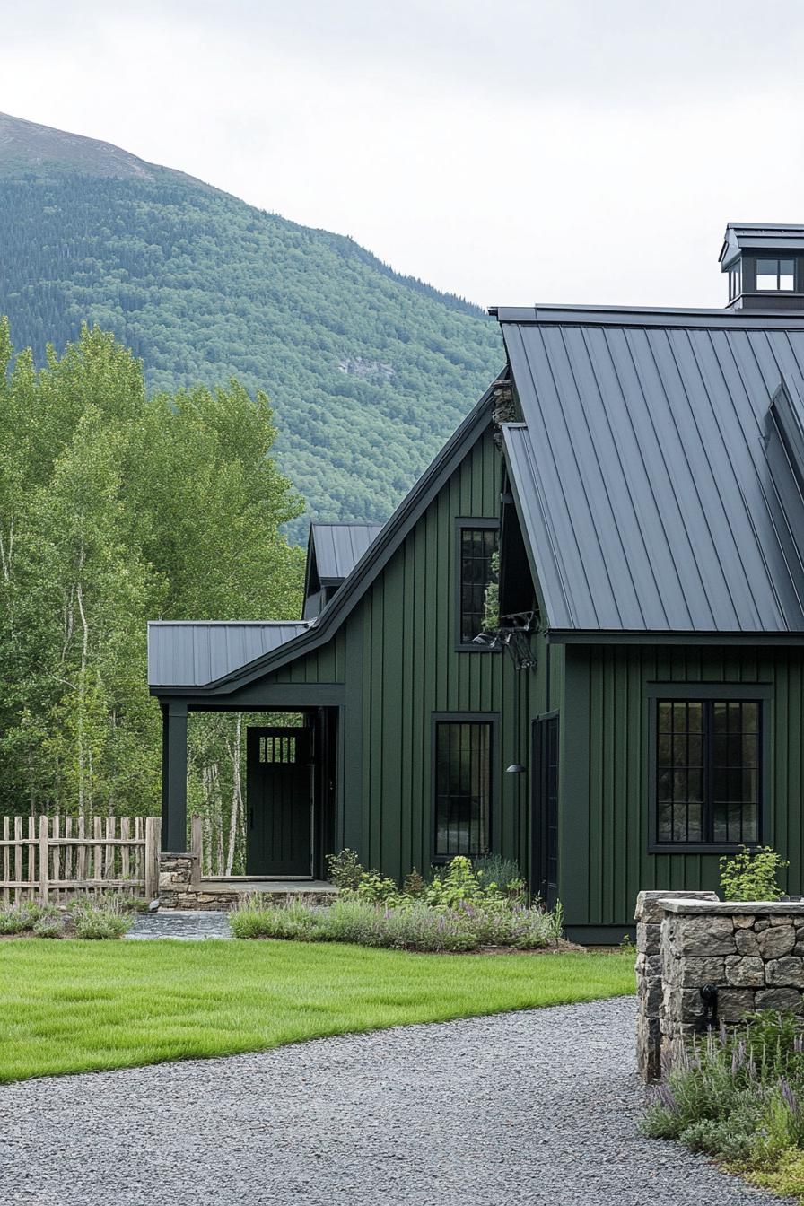 tall barn style mountain house with dark moss green siding black metal roof with tall pitch high barn door in dark green color gravel front yard 2