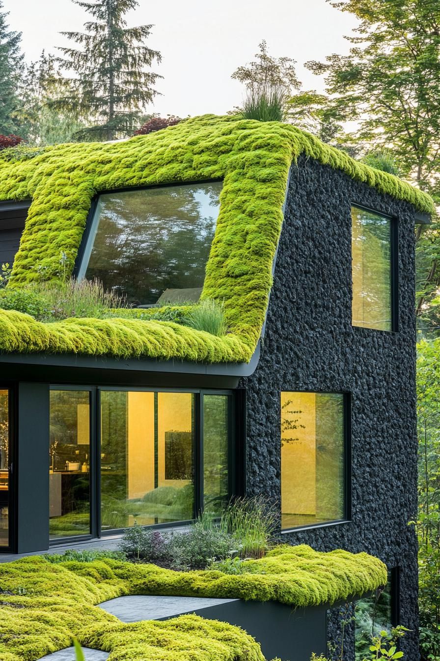 modern house with green color facade and moss covered eco roof