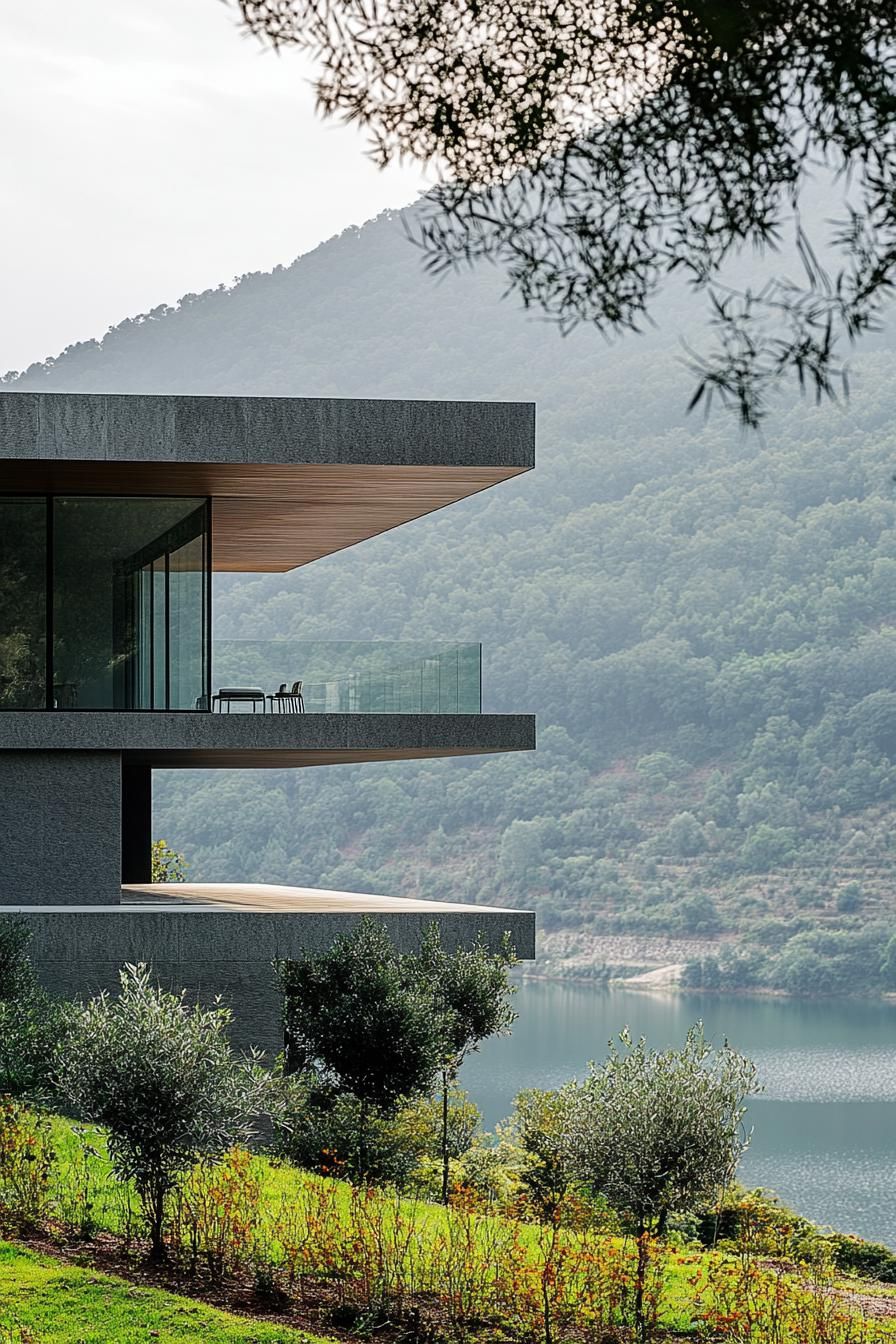 cantilevered steep hill house modern facade overlooking a lake in a green valley 3