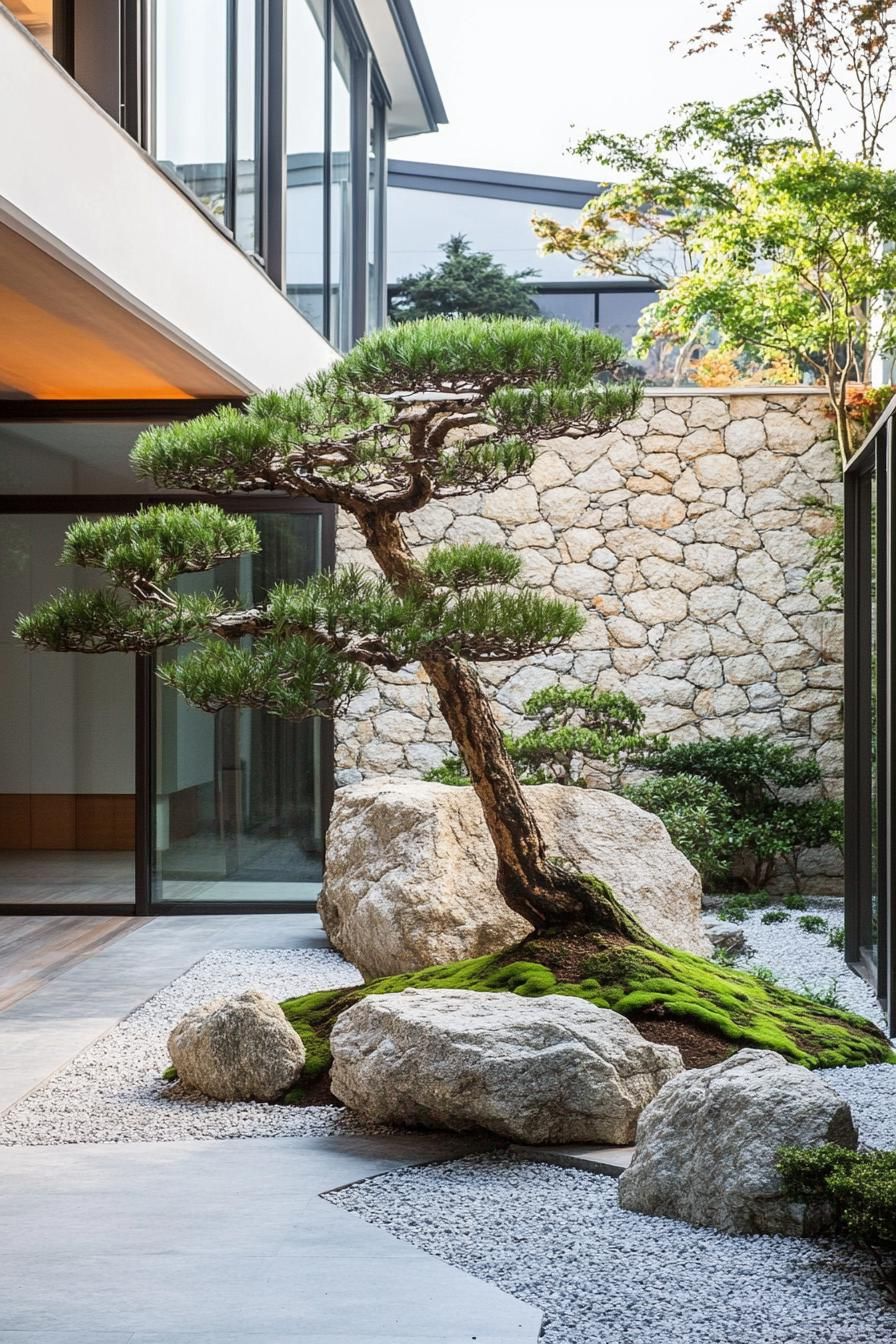 moder minimalist house courtyard with bonsai and rock garden 3