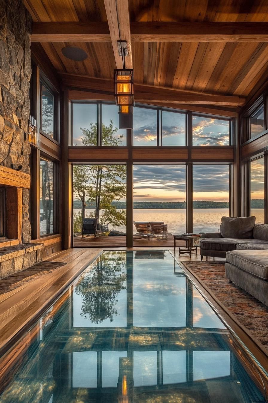 lake house interior with translucent glass floor showing lake bottom large windows show stunning lake views 2