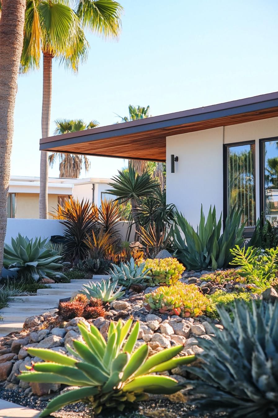 70s midcentury house facade yard with retro landscape with succulents 2