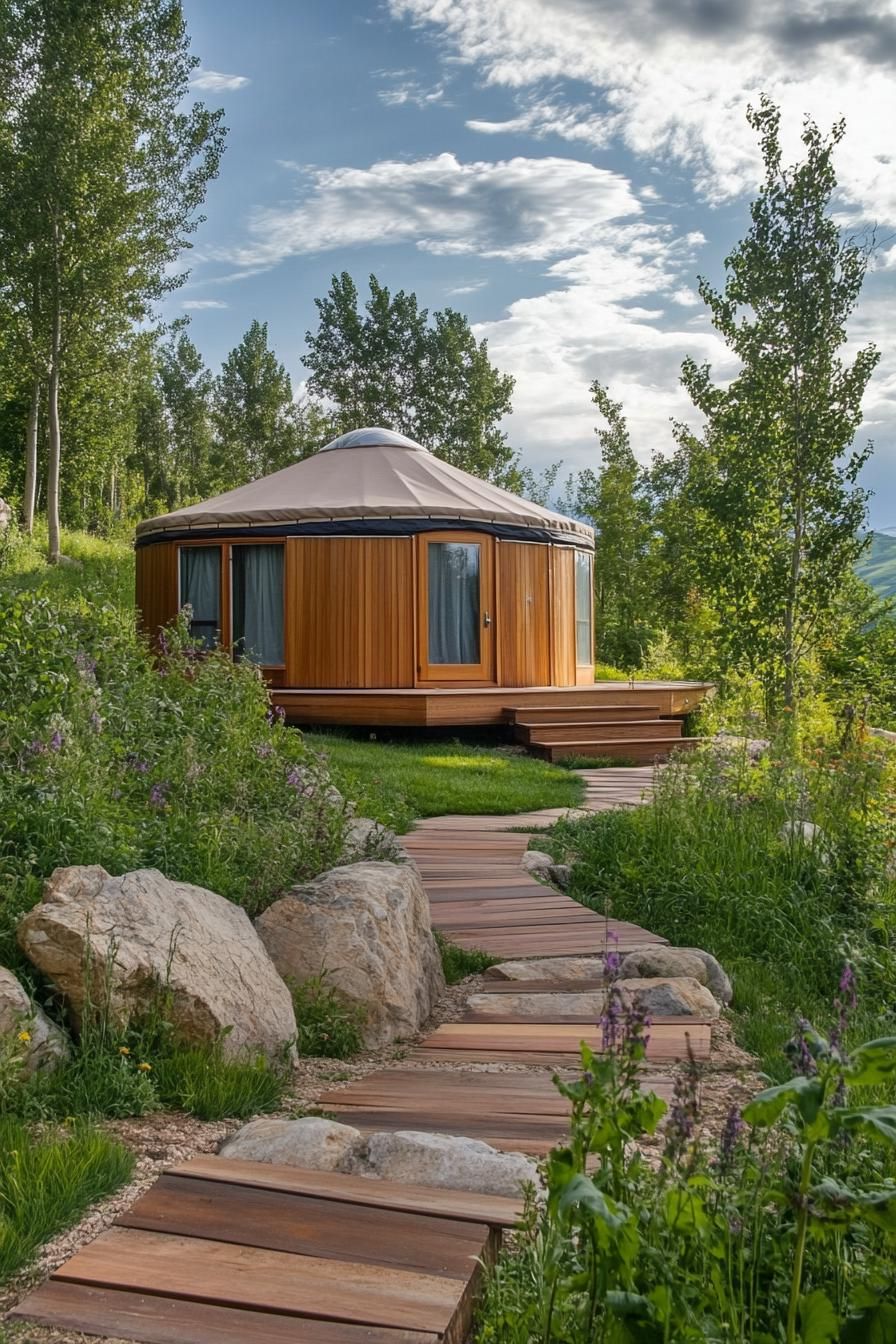 modern yurt with permaculture landscape