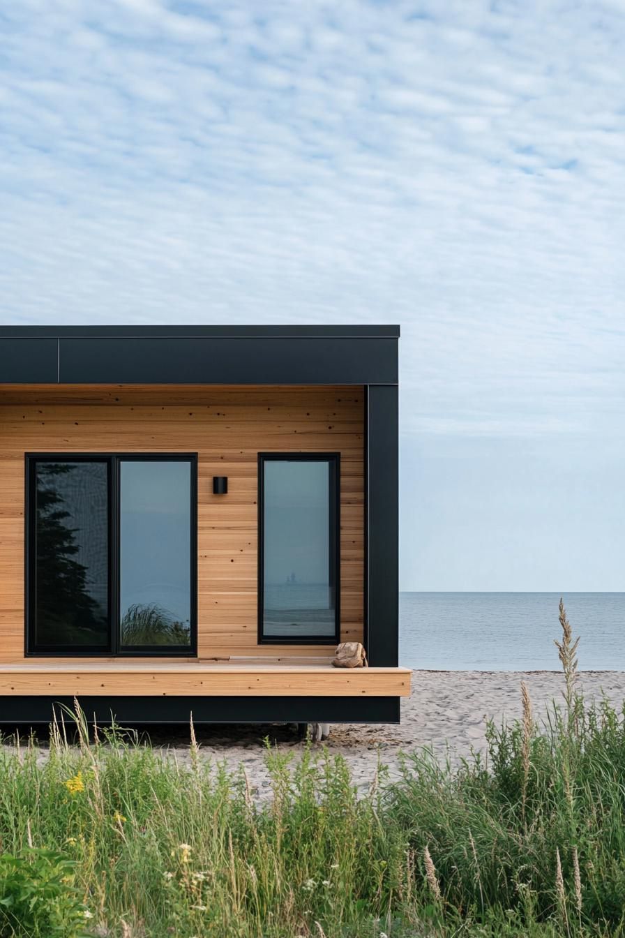 modern prefab small house facade with natural wood siding black trim and black flat roof on beachfront full house view