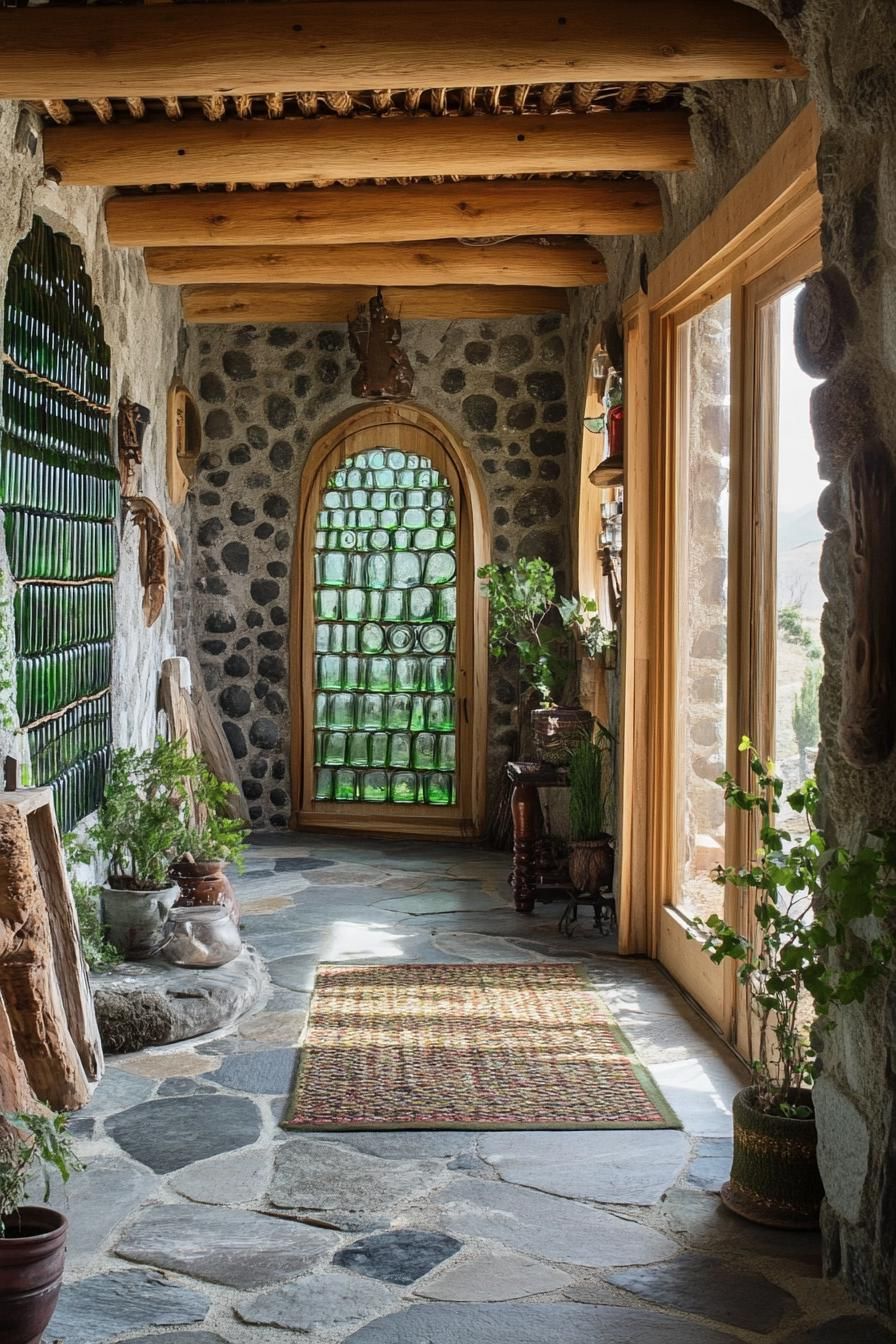 earthship house with recycled glass bottle wall 3