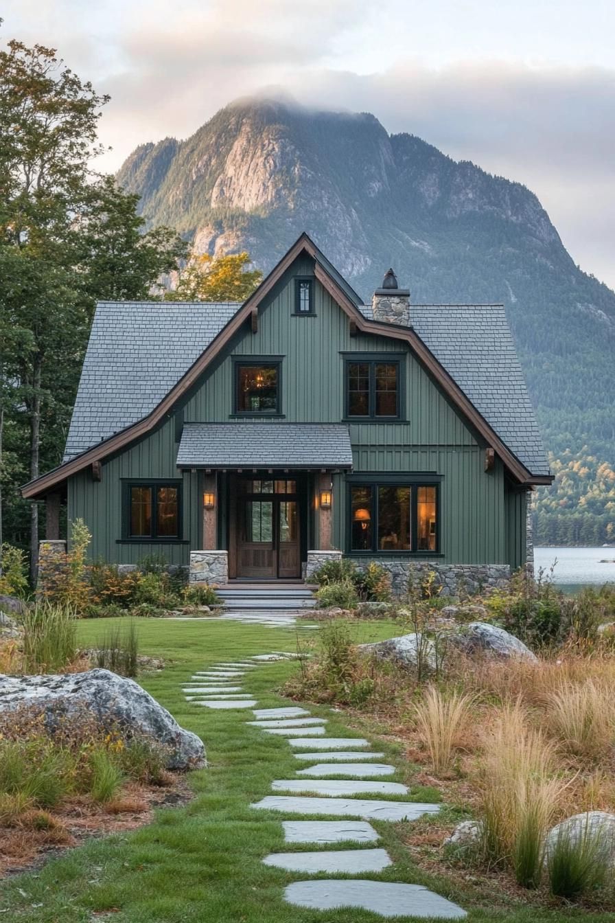 modern cottage style mountain house facade in sage green board and batten siding dark wood accents multi pitched roof with light grey shingles