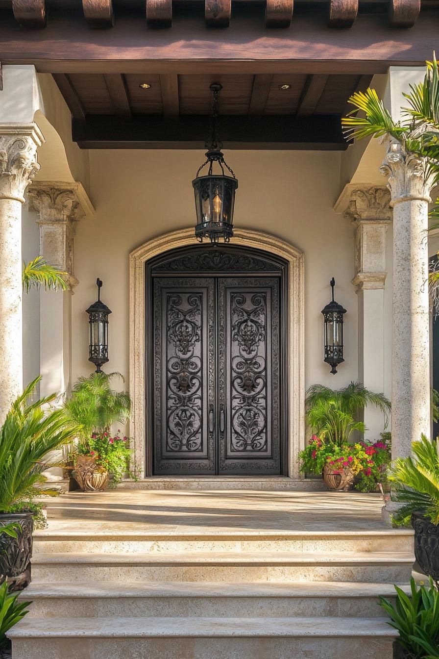modern spanish villa front wood carved door