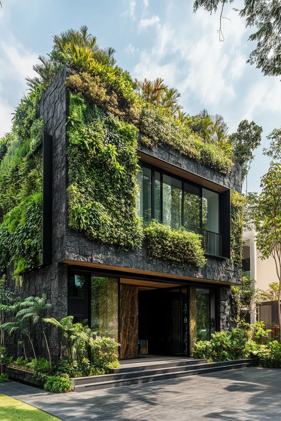 modern dark stone house facade with lush green vertical gardens 2