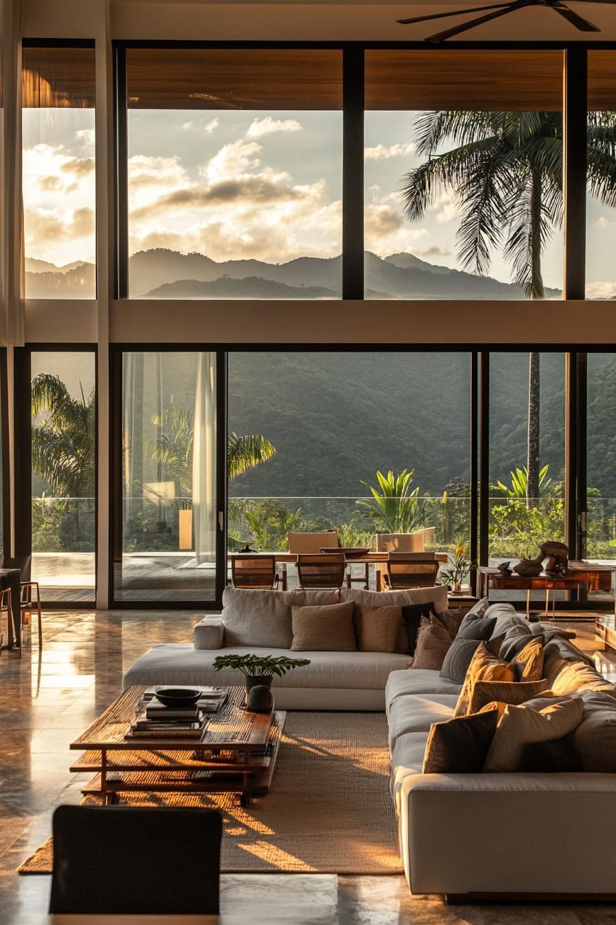 highly modern villa interior with full wall windows and tropical mountain views 3