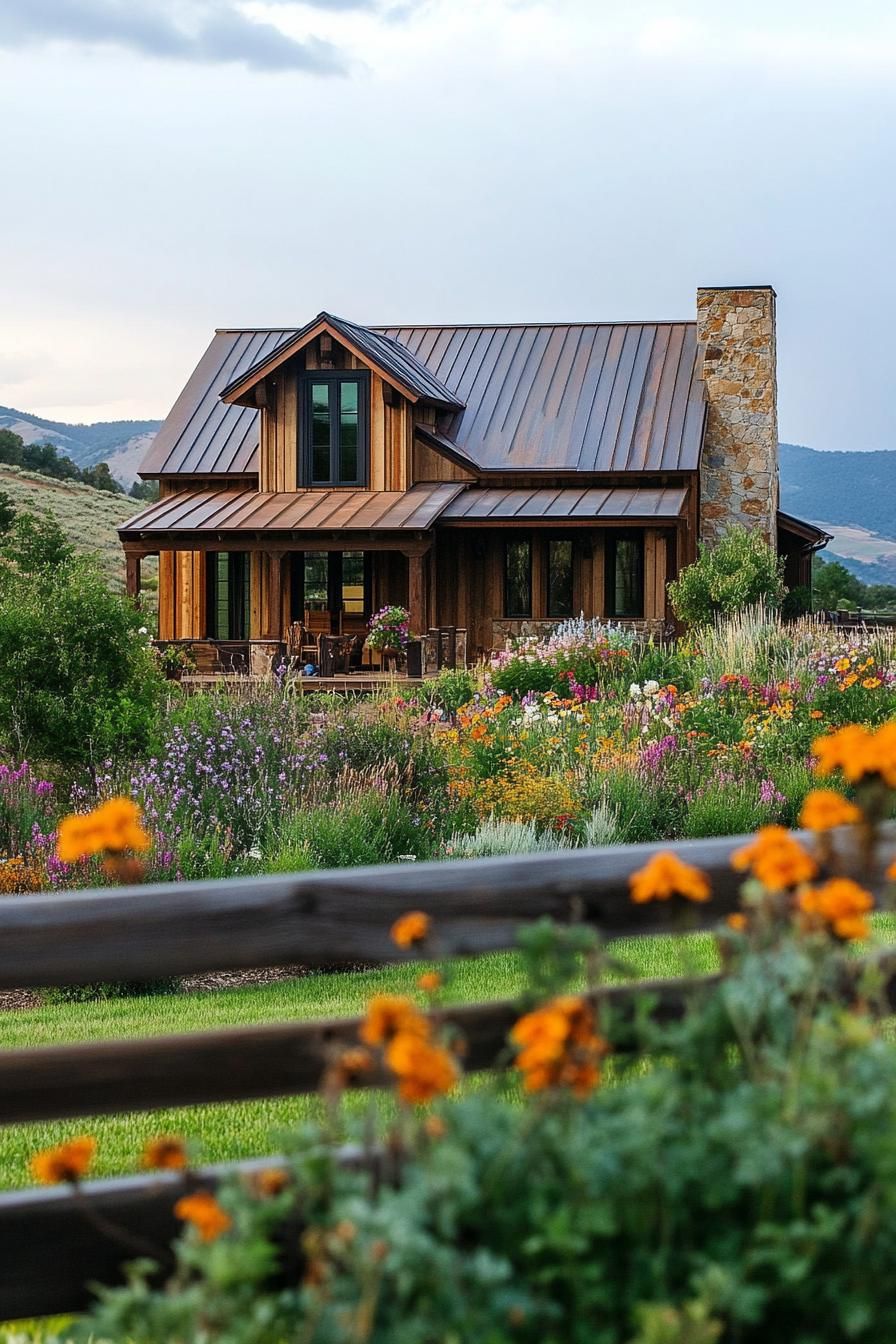 modern timber frame house facade with rusting timber and metal roof front yard with ranch fence and flower garden