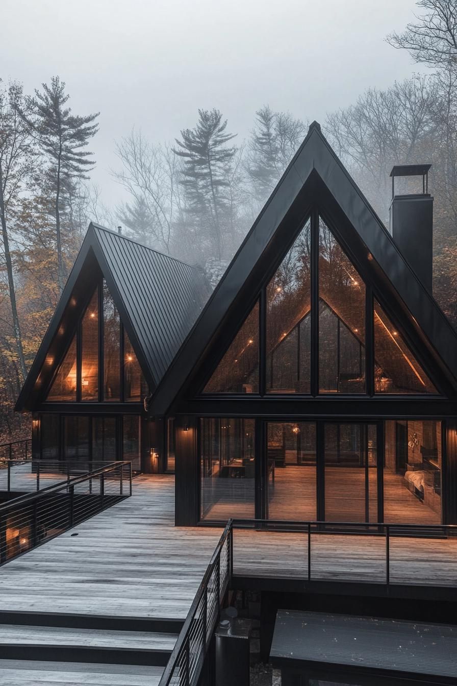 two connected modern a frame houses full glass walls with black roofs wheathered grey wood shared deck with steps and with black metal railings 2