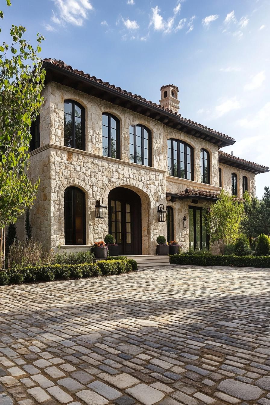 modern French mediterranean house cobblestone driveway 3