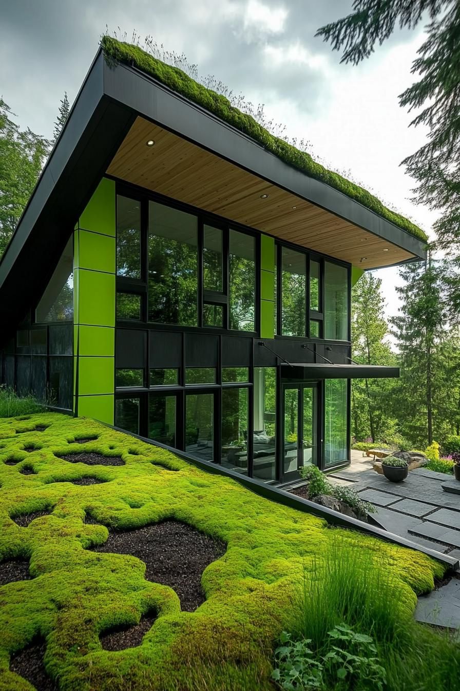 modern house with green color facade and moss covered eco roof 3