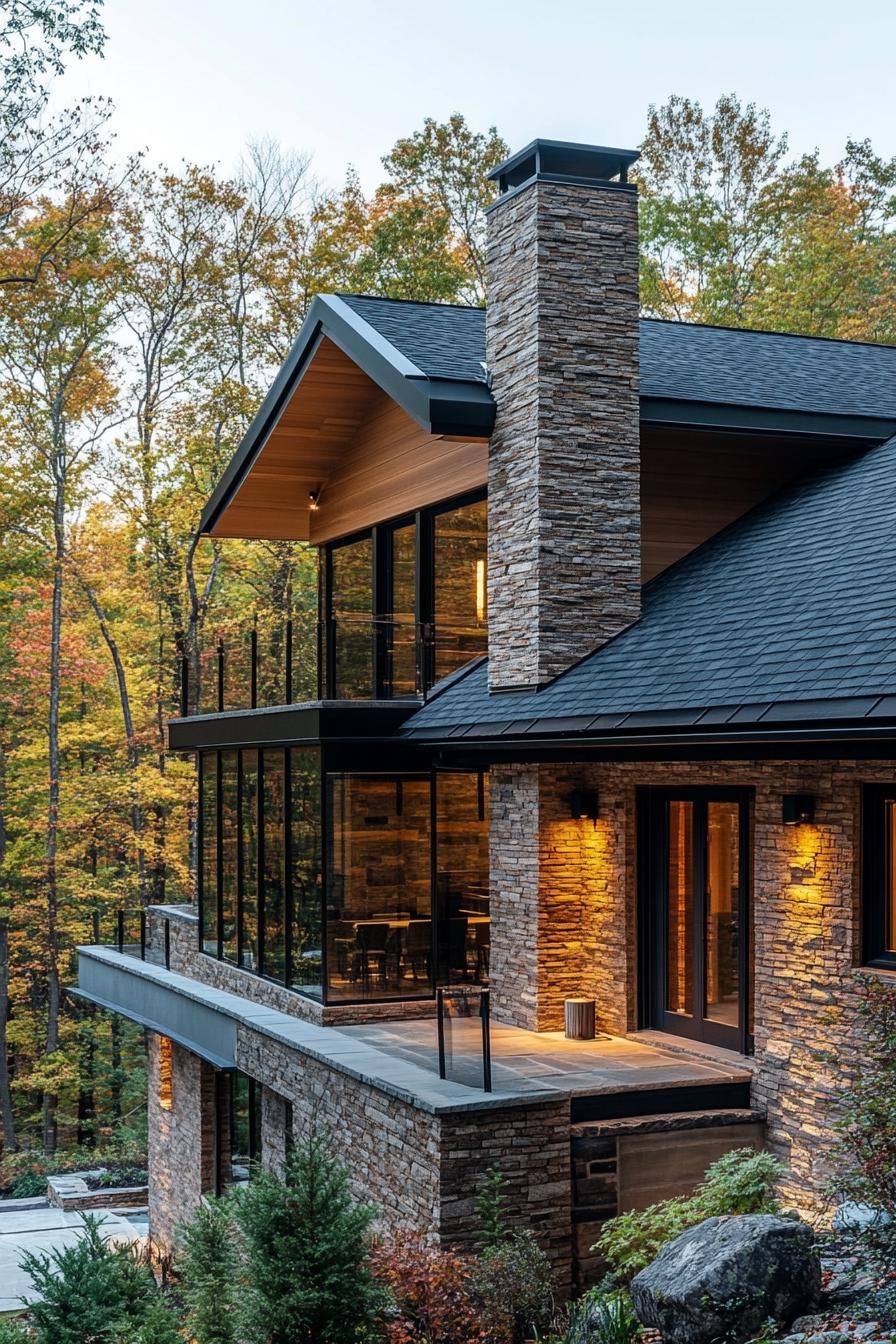 small modern mountain house facade with varying shade brick wood and black steel accents slate tile roof with a brick chminey raised stone deck in mountain forest clearing