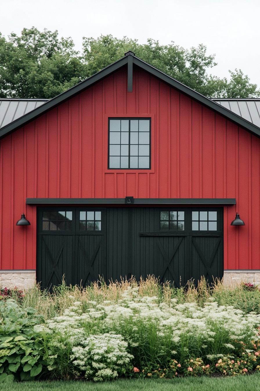 modern barn style red house facade with black barn doors in a green farmhouse