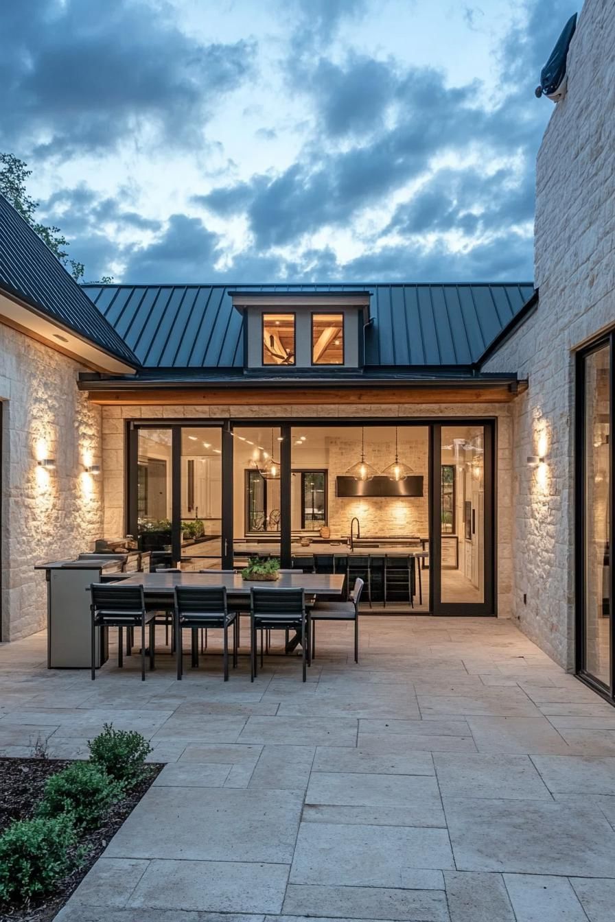 modern L shaped farmhouse courtyard with outdoor kitchen area connected to the inside via sliding barn door 3