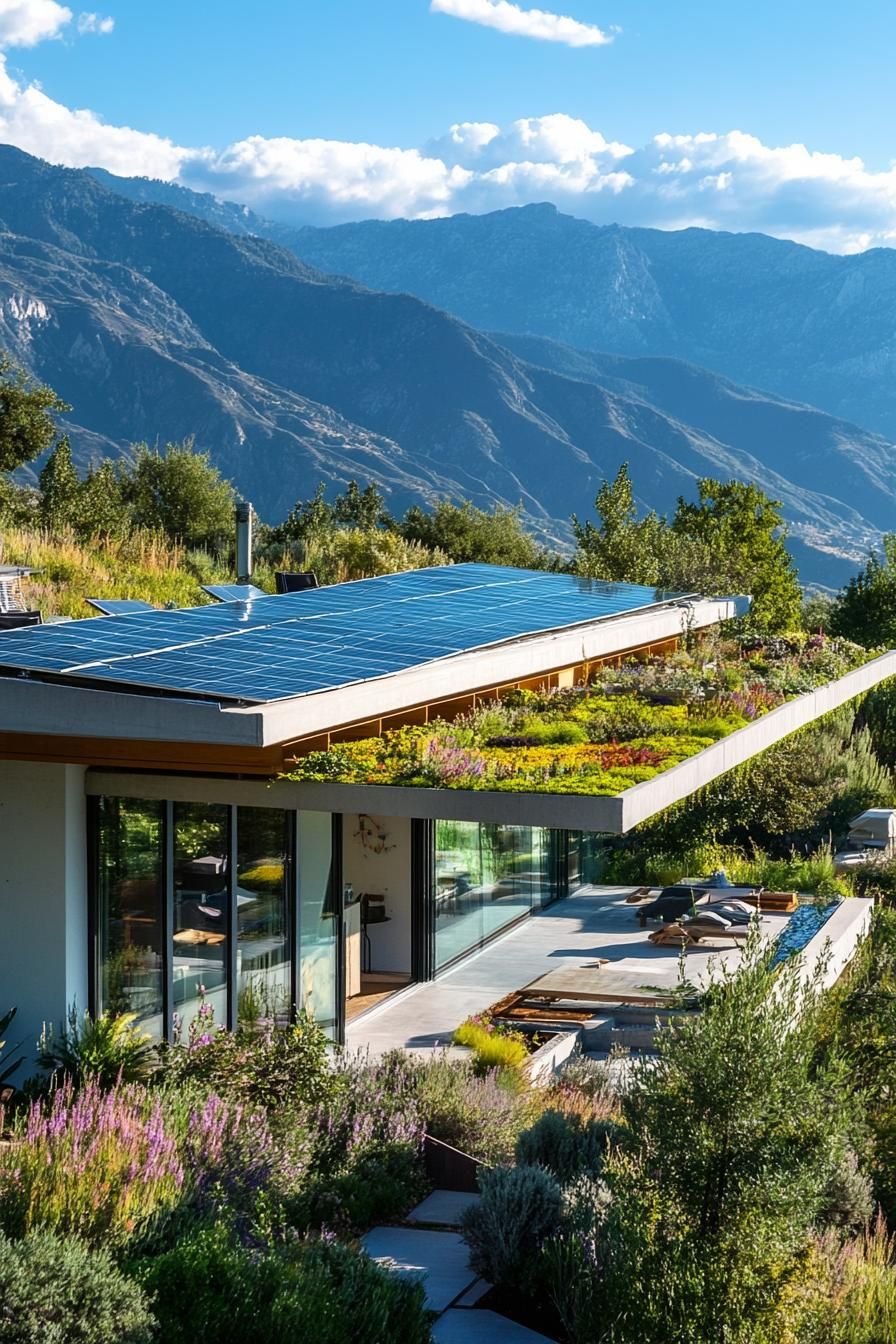 modern house green roof garden with solar panels lush mountain views 3