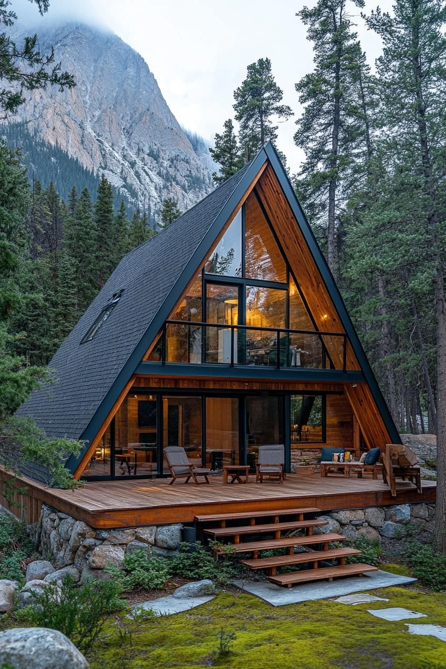 modern forest a frame dar stained wood cabin with full glass wall and balcony with wooden railings front deck with wooden furniture natural stone