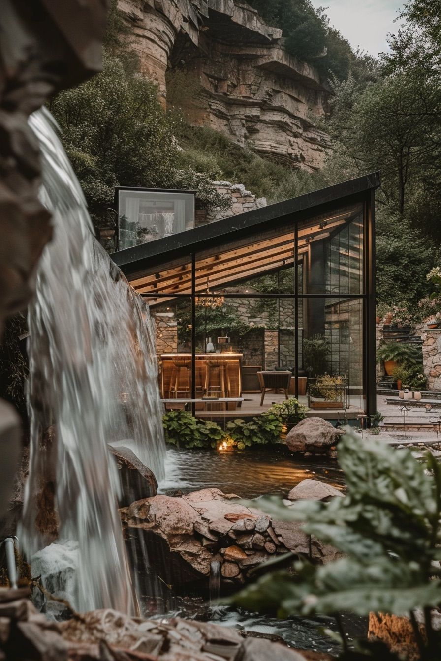 Glass Cabin With Waterfall Feature