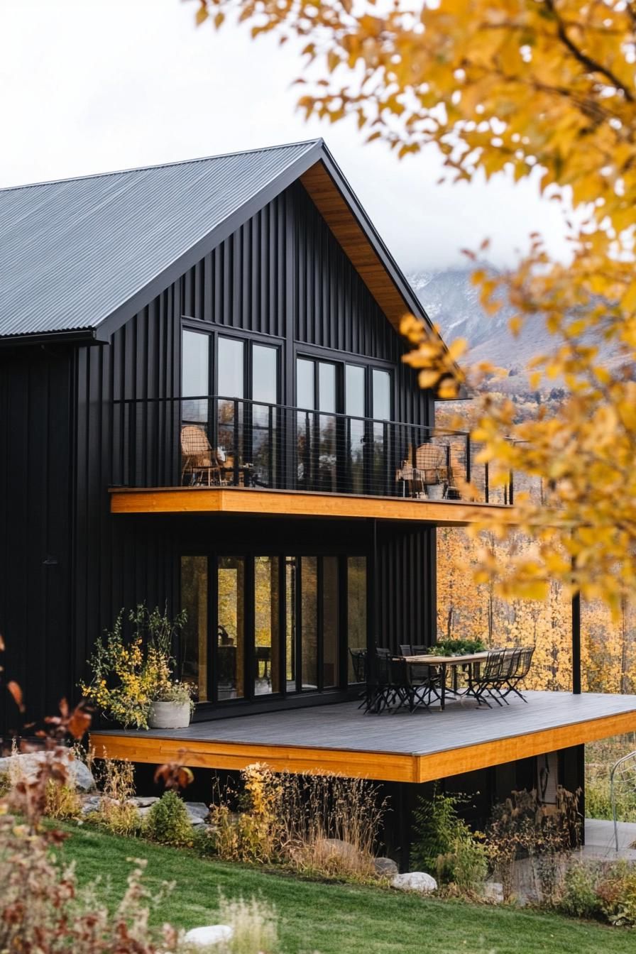 modern barndominium house black stucco facade with dark walnut porch stunning Canadian fall maple mountain views 3