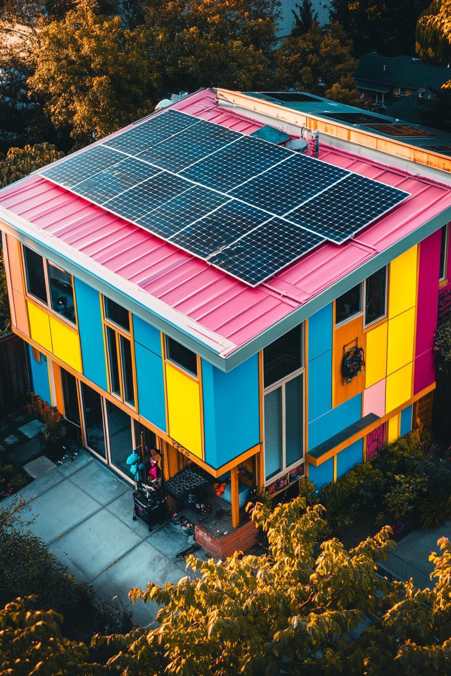 80s house facade modern makover high angle view solar panels on the roof roof painted vibrant hue winter in suburbs 3