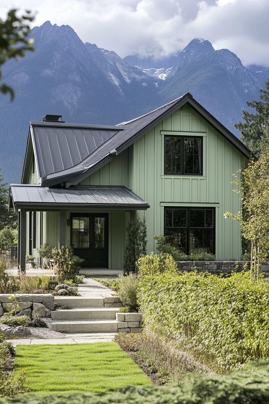 modern cottage style mountain house facade in pale green siding vertical garden front wall grey roof unkempt lawn Stunning mountains in the 3