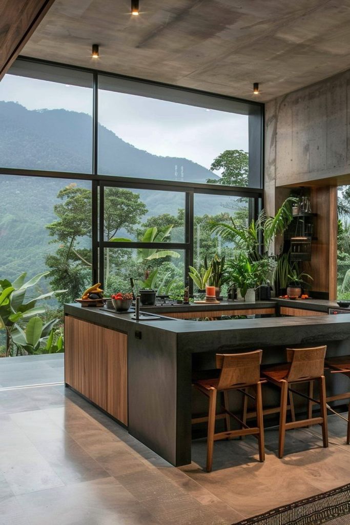 kitchen island overlooking terrace garden and mountains