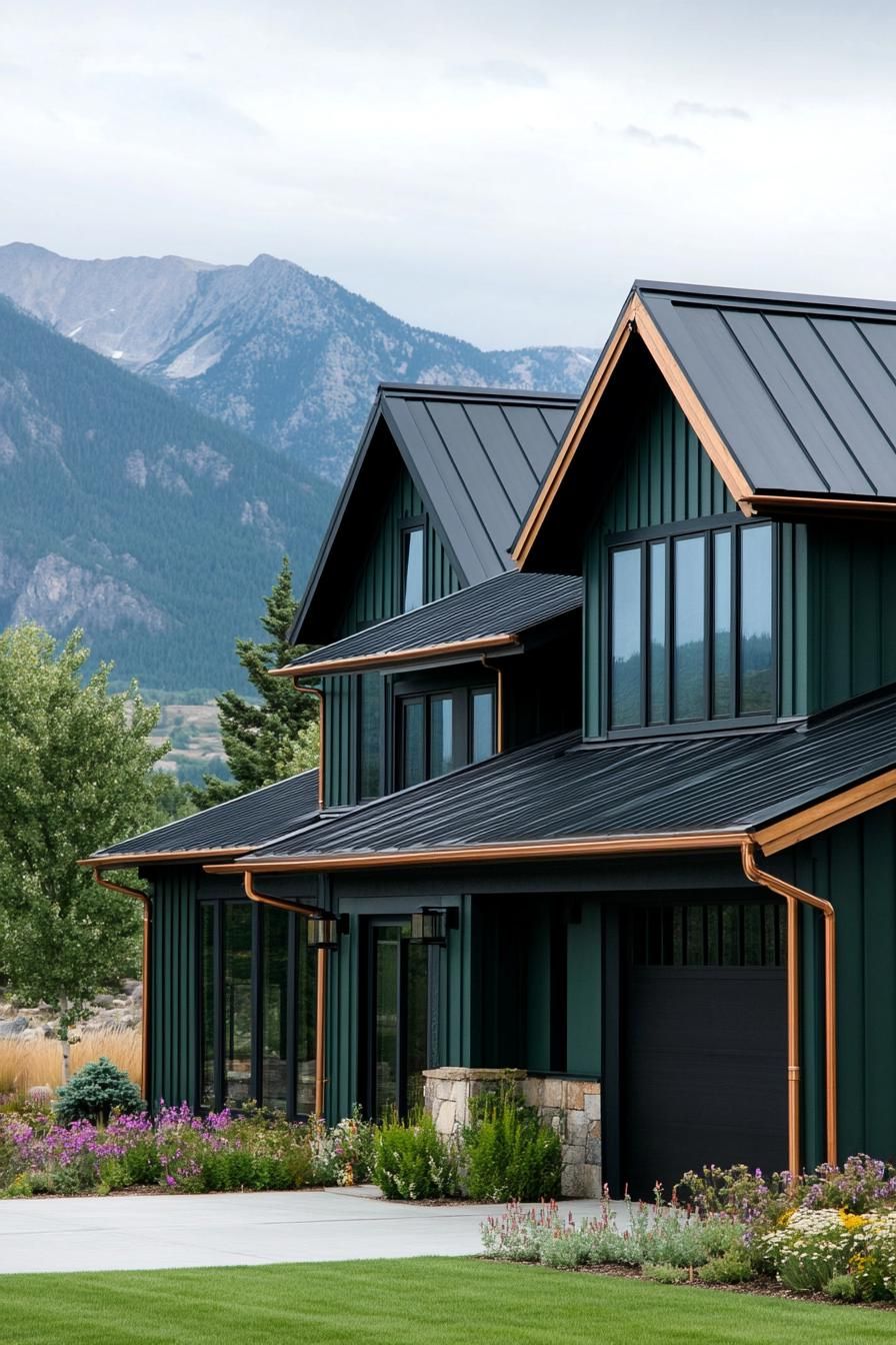 modern ranch style mountain house facade in emerald green siding dark grey roof with multiple gambrels copper gutters attahed garage with concrete