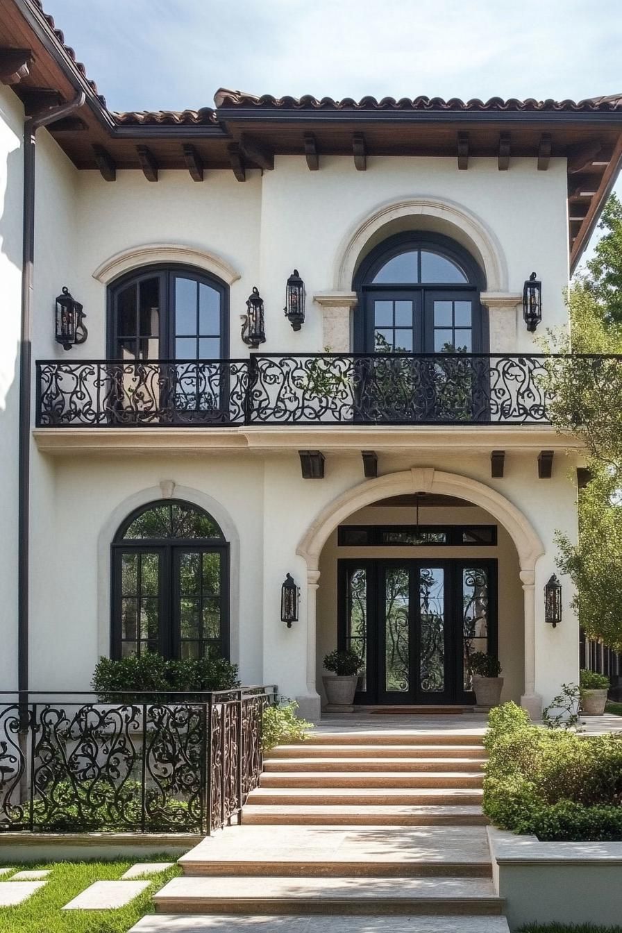 modern mediterranean revival architecture home facade with wrought iron balconies 2