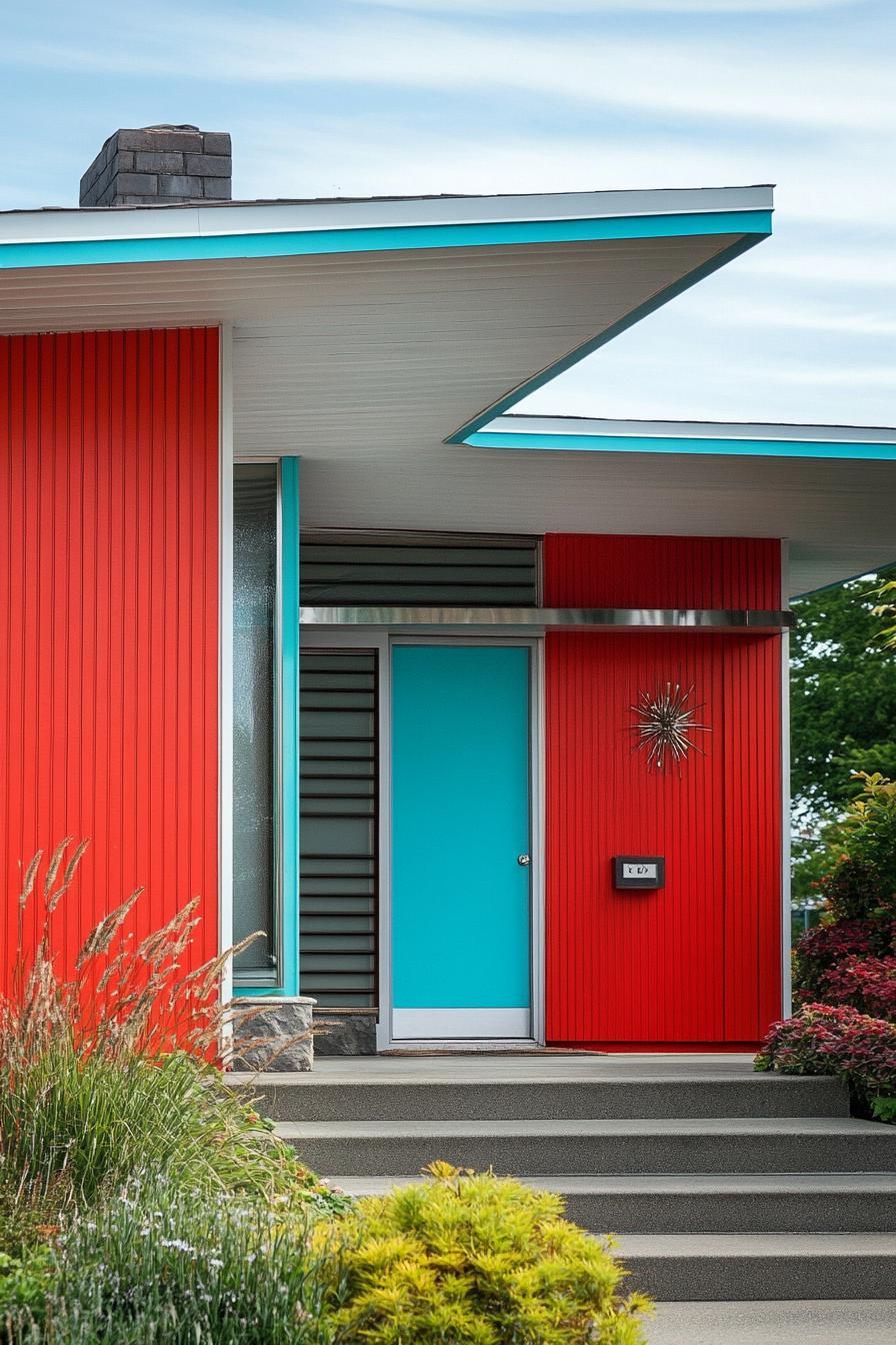 mid century modern house facade in bright red and aqua with chrome accents 2