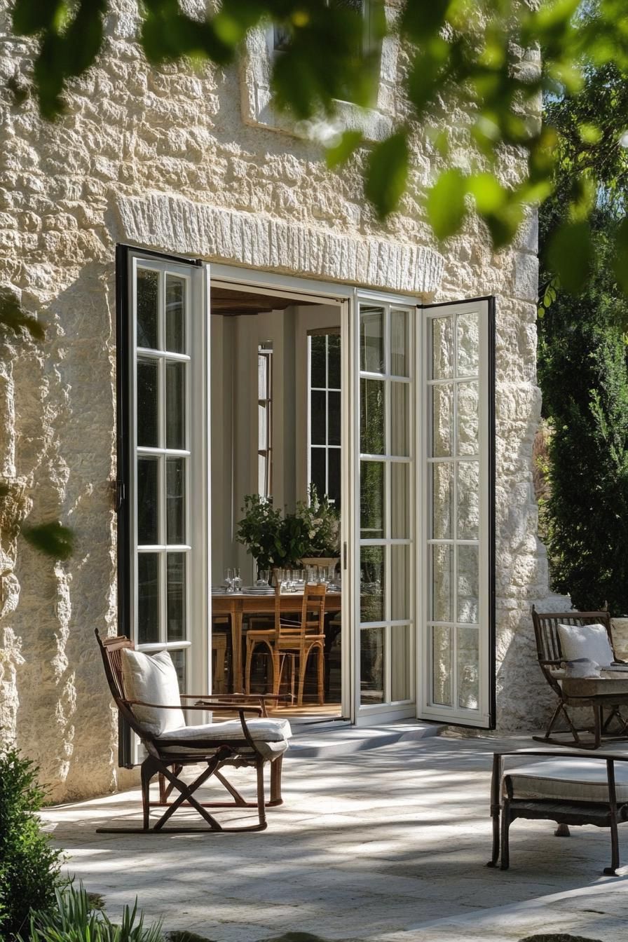 modern French country house terrace with French doors