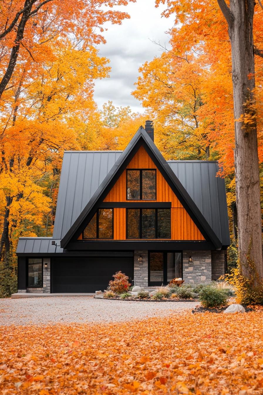 modern a frame mountain house with black metal roofing stunning Canadian fall foliage views 3