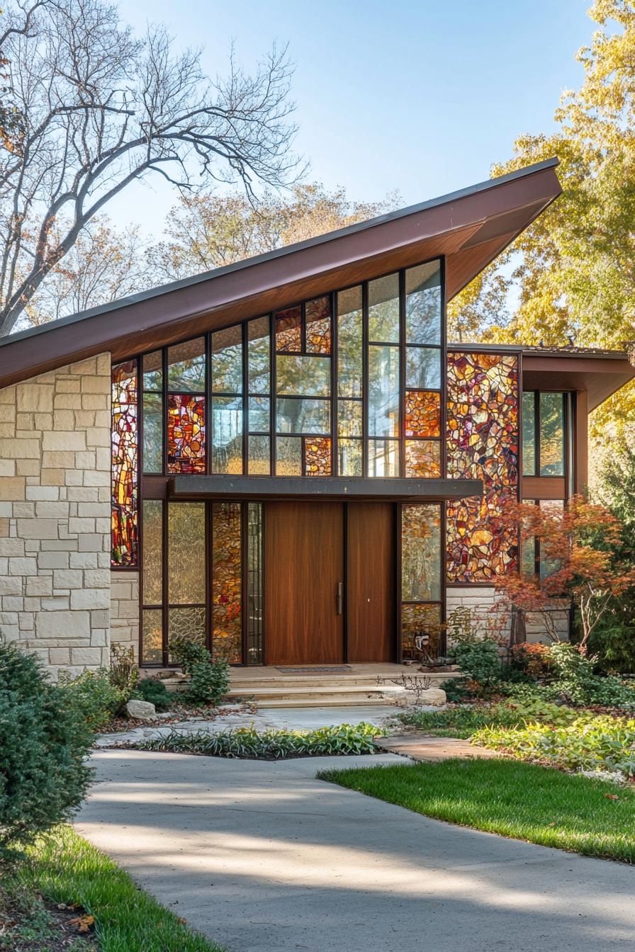mid century modern and antique style house facade with vintage stained glass mosaics 2